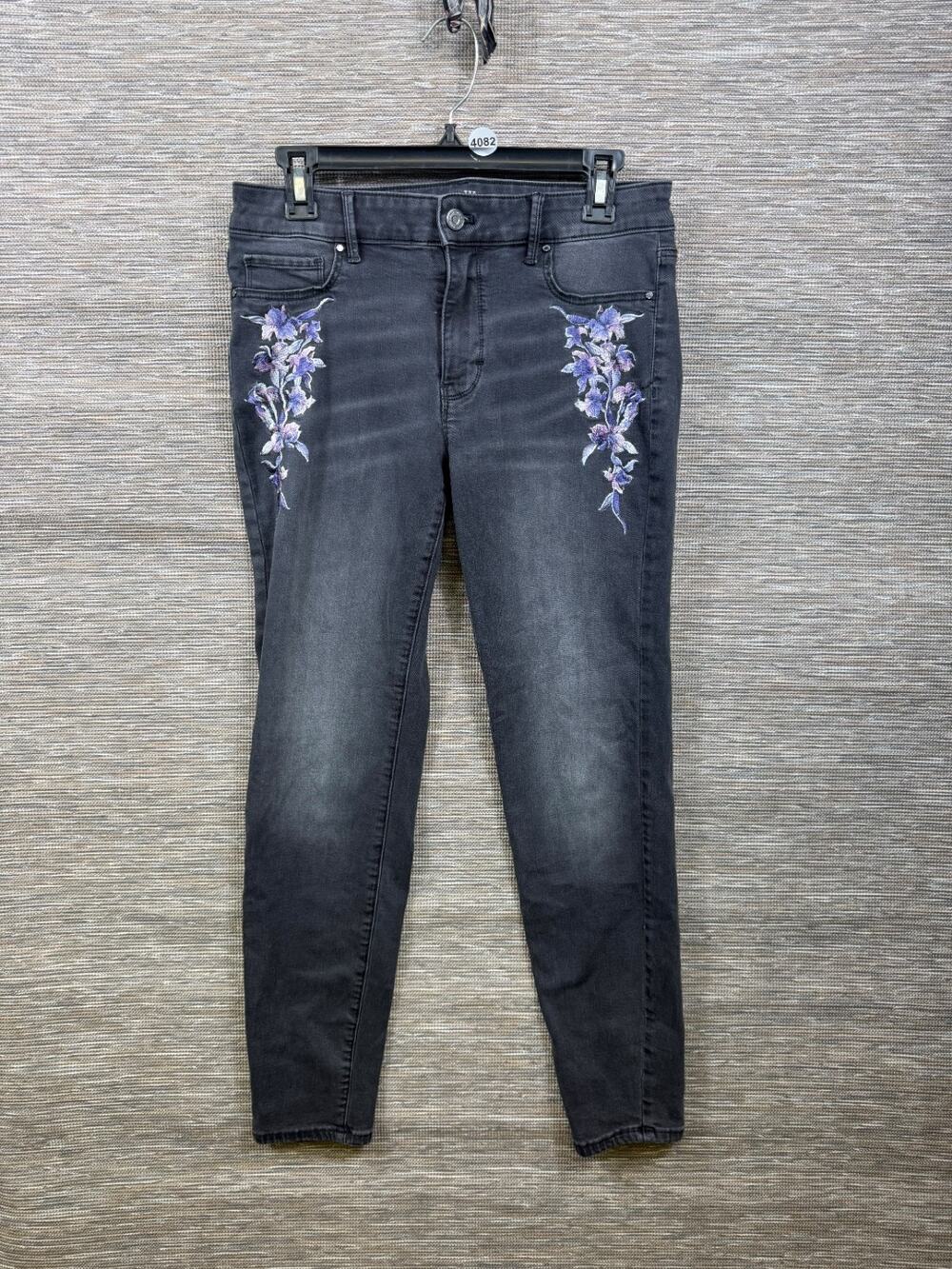 WHBM The Skinny Ankle Jeans Womens Size 6 Black Purple Iris Embroidery Mid Rise